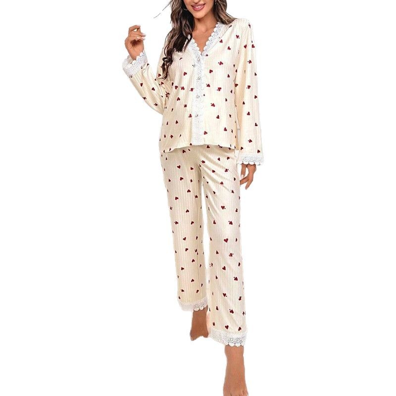 European and American style heart-shaped printed long-sleeved shirts, long pants, maternity wear, pajamas, women's sets, new spring and summer loose and comfortable home wear Item Picture