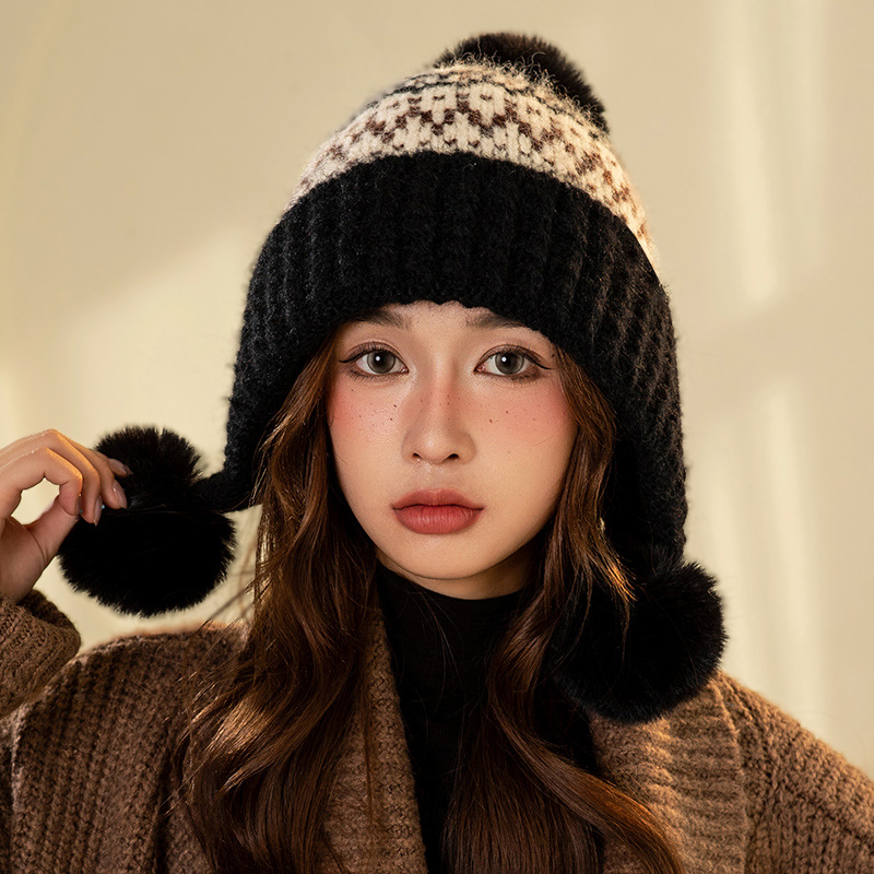 Multicolored jacquard wool ear-protecting knitted hat for women to show off their faces, warm for winter and autumn cycling, windproof and cold-proof thickened velvet hat Specification image
