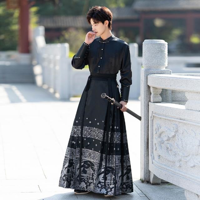 Chinese trend and style horse face skirt for men, ancient-style Hanfu for men, adult ancient costume for men, shirt set Specification image