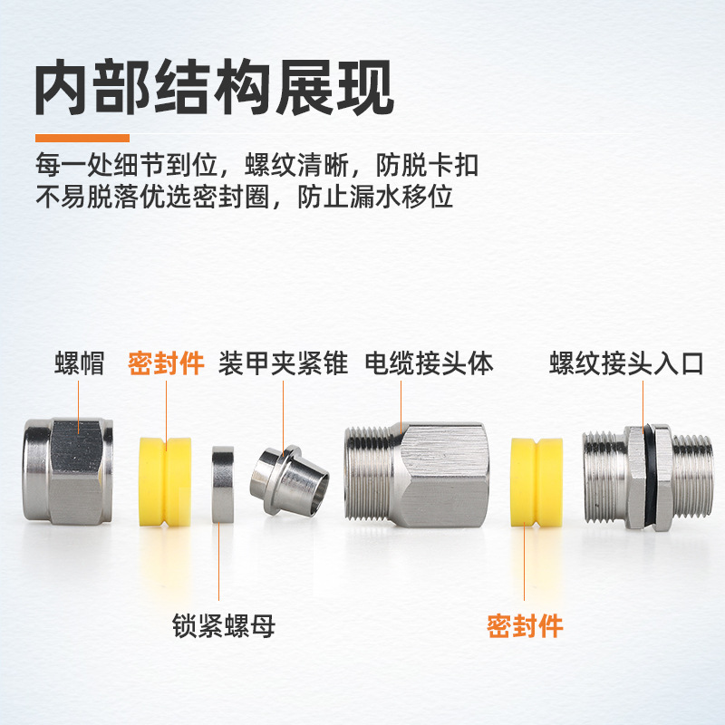 Extended stainless steel explosion-proof gran head armored explosion-proof metal cable waterproof joint, Marine double-sealed stuffing box details Picture