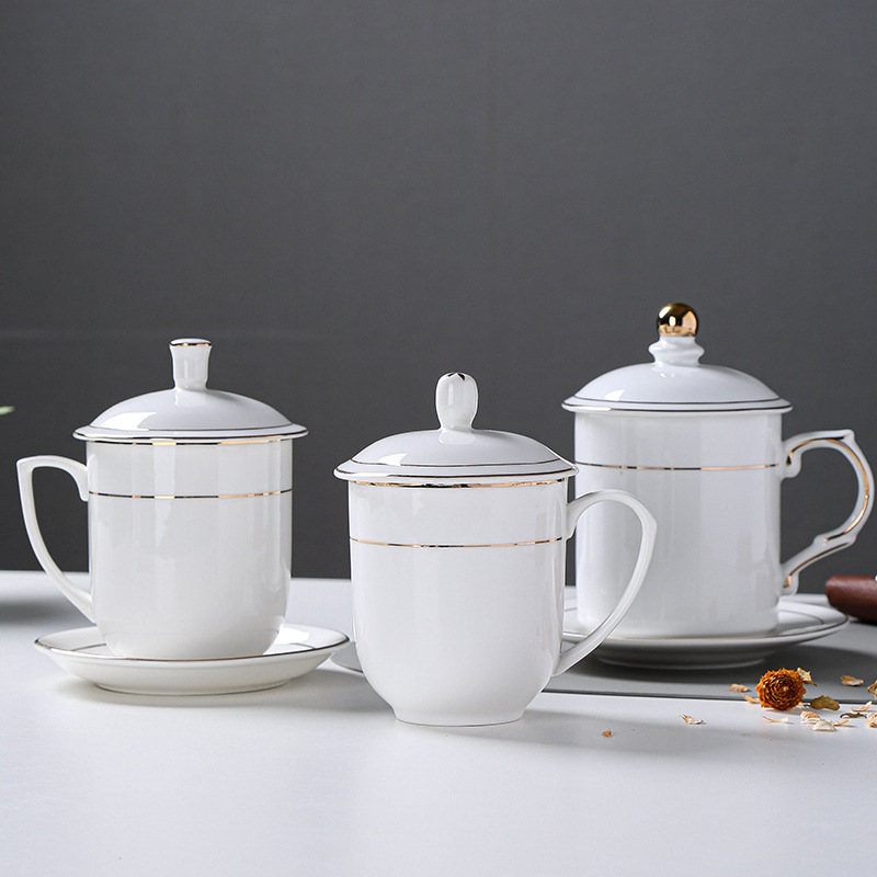 酒店宾馆陶瓷茶杯办公室会议杯水杯金边白色喝水杯带盖套装刻字