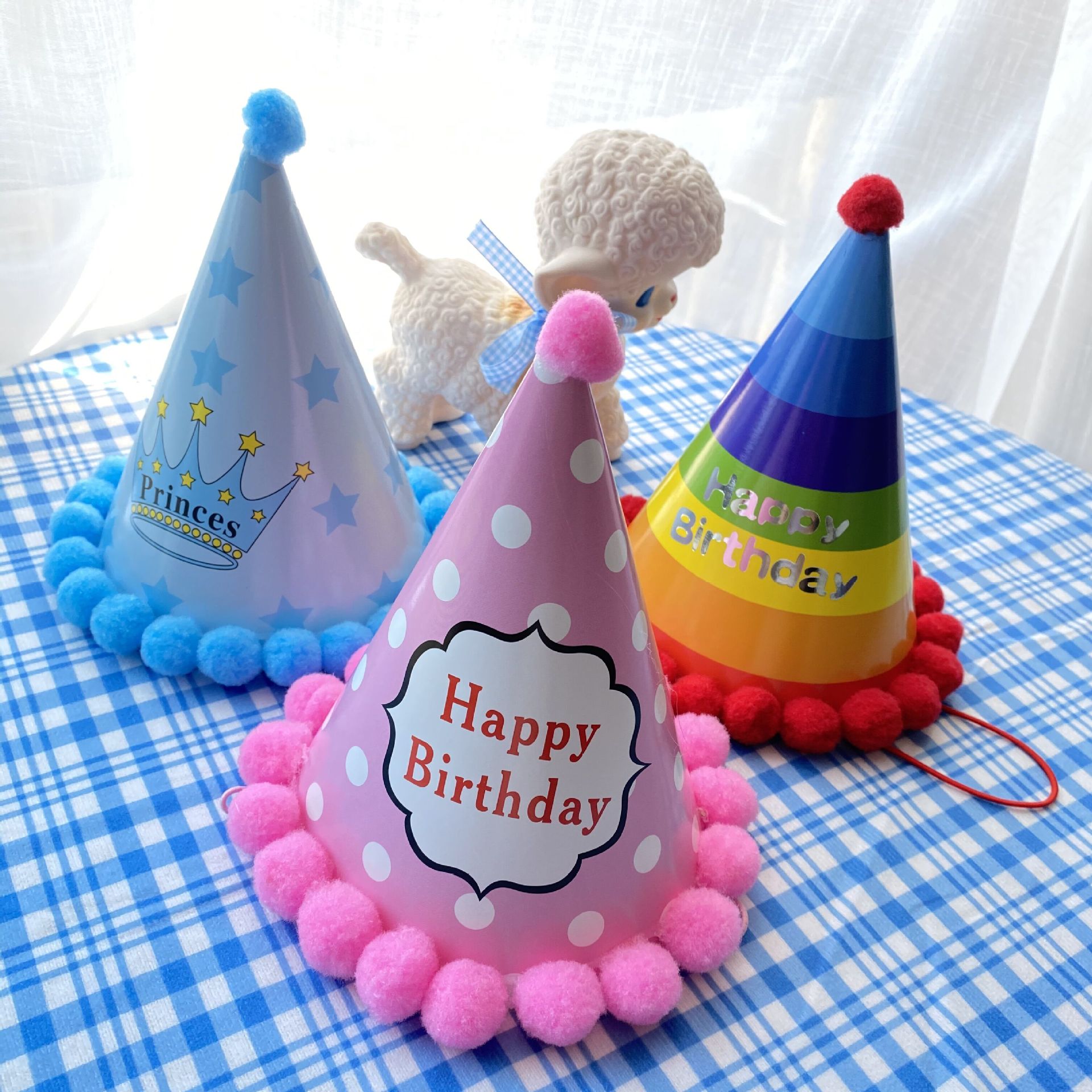 Wholesale birthday hats, children's pom-pom birthday hats, baby party cakes, decorations, baking supplies, birthday hat making