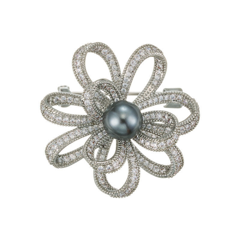 The elegant gift is a fine selection of light luxury, slightly studded with zirconium flower grey pearl brooch, a high-end and versatile clothing accessory, a pin and a brooch flower Item Picture