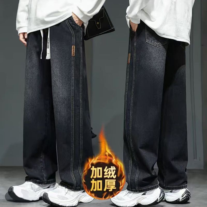 Winter must-have fleece and thickened denim pants for men 2025 autumn and winter loose straight-leg wide-leg casual pants for men Specification image