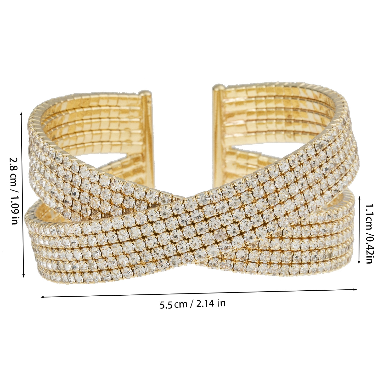 European and American cross-border fashion 8-row rhin cross bracelet, diamond-encrusted three-dimensional luxurious and exquisite elastic open bracelet, a perfect accessory for brides' wedding parties Specification drawing