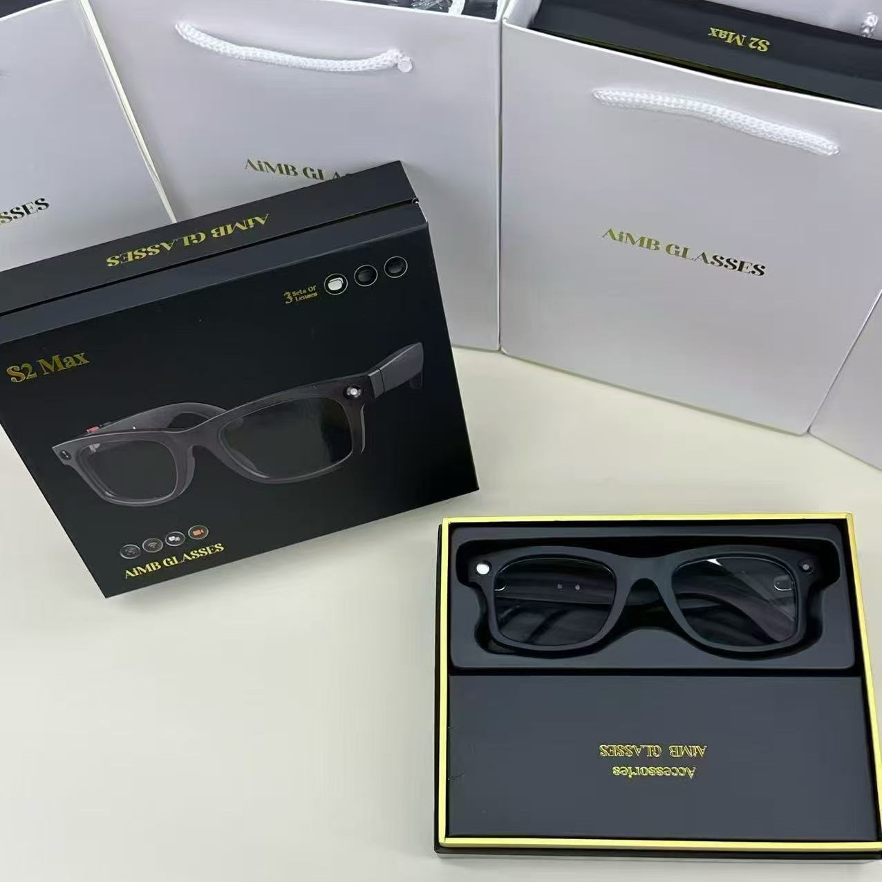 Cross-border AIMB-S2 Max smart glasses, WIFI transmission, Bluetooth calls, listening to music, taking photos and videos, Ai translation