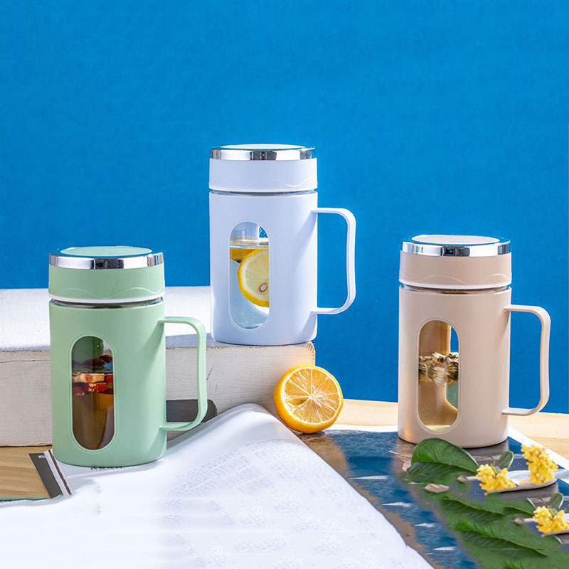 简约玻璃水杯带把手双层办公室喝水杯子促销活动礼品杯子细节图