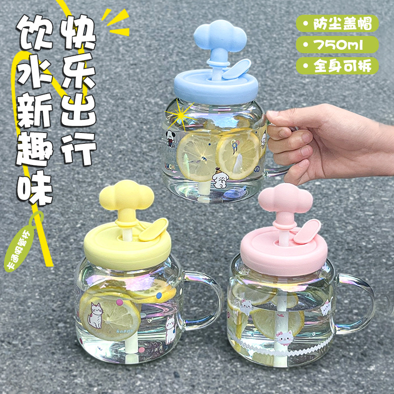 New cloud-shaped glass cup with handle, portable for office use, tonnage cup, large-capacity straw, large-bellied cup