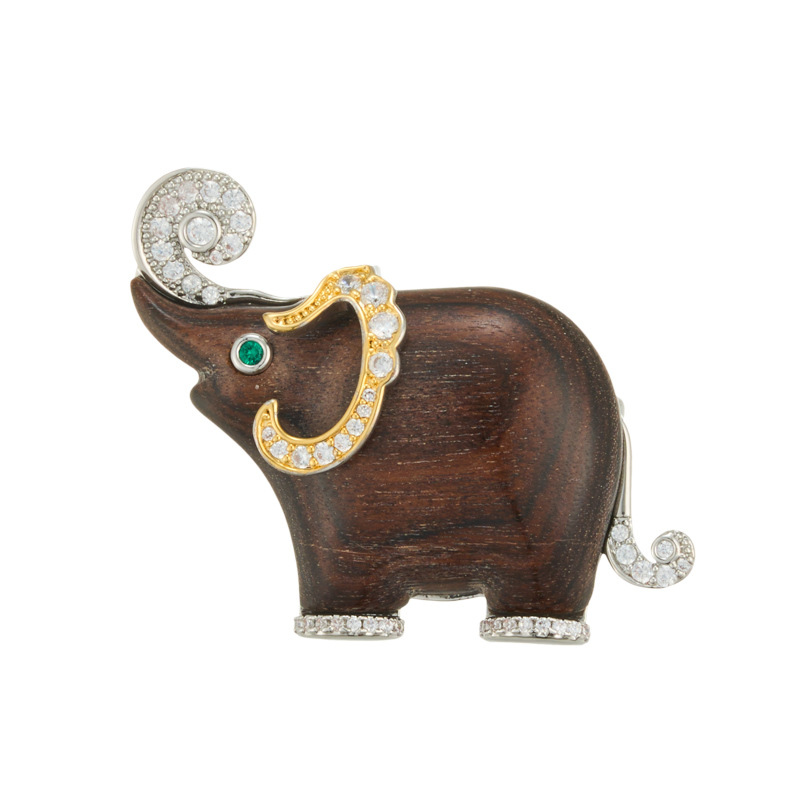 Broche de elefante de madera de diseño original aleación de cobre chapado de oro de dos colores micro zirconia incrustado pin de alta calidad para mujer Item Picture