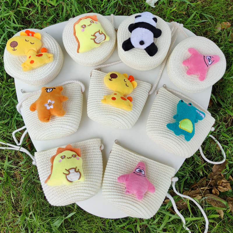 Children's woven straw bags, summer mini baby crossbody loose change small bags, dinosaur cartoon cute scenic spot wholesale details Picture