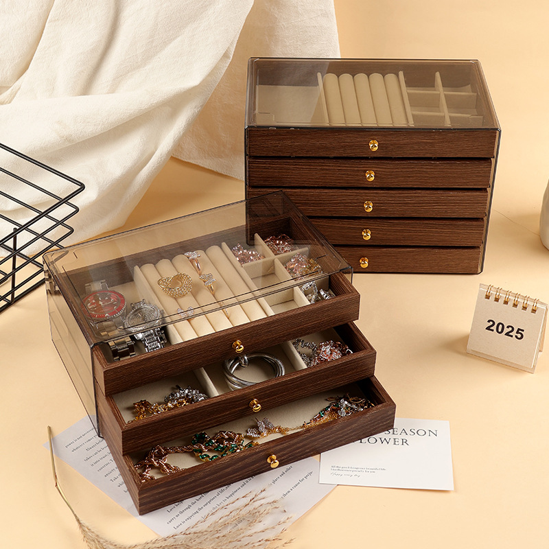 Walnut wood storage box, wood grain jewelry box, earrings, rings, necklaces, bracelets, desktop large-capacity multi-layer wooden storage box Specification image