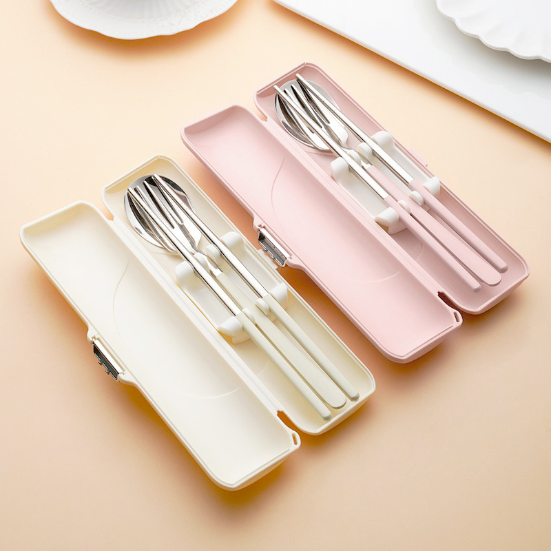 304 stainless steel portable tableware for students, high appearance level, bow-shaped leather-textured tableware box, spoon, fork and chopsticks set details Picture