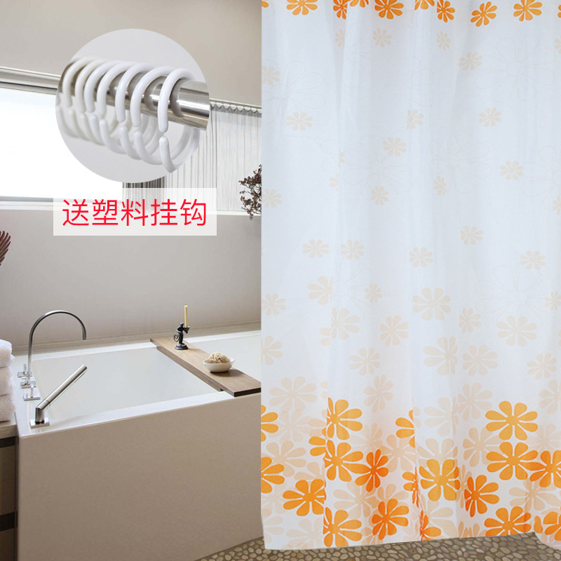 浴帘工厂现货四色桃花防水防霉印花浴帘澡堂干湿分离涤纶浴室帘