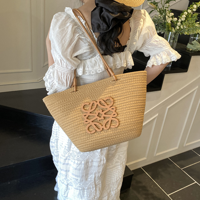 Cross-Border Straw Weaving Bag, French Straw Weaving Bag, New Women's Summer Seaside Vacation Beach Bag, Large-Capacity Tote Bag, Vegetable Basket Bag, Handcrafted Straw Weaving Bag