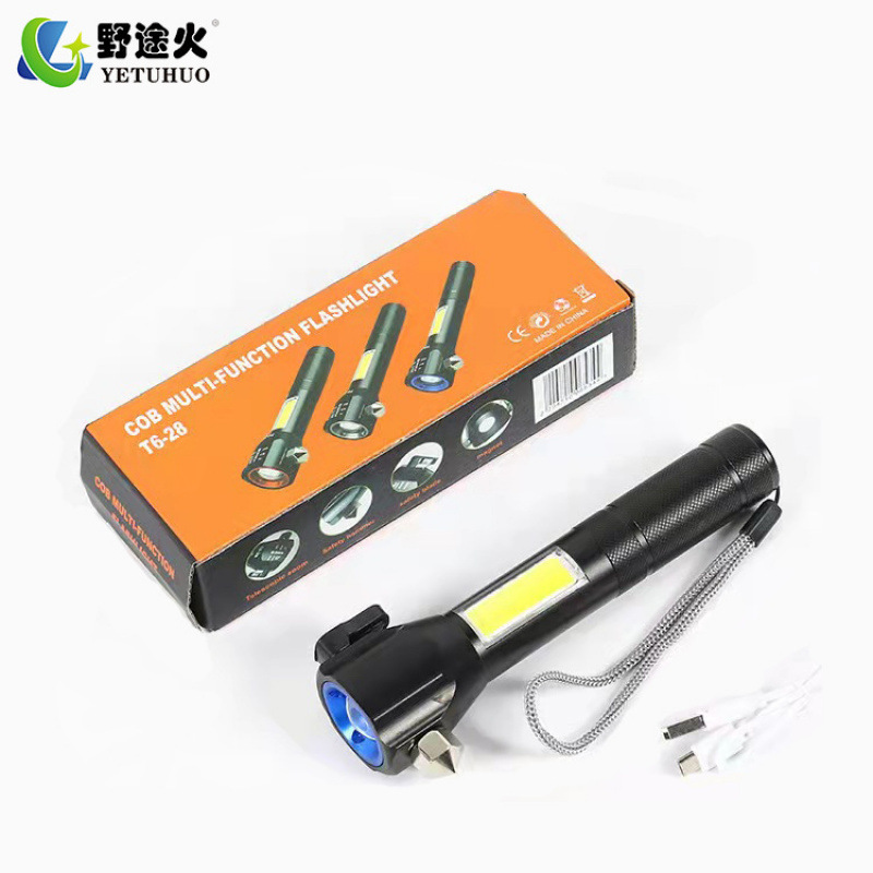 Cob Focused Aluminum Alloy Led Outdoor Vehicle-Mounted Emergency Escape Hammer Flashlight Solar Alarm Warning Device Specification drawing