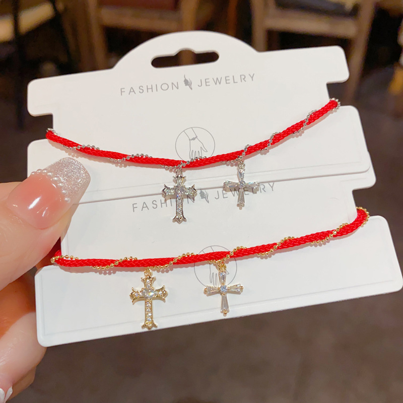 小众时尚简约复古红色本命年十字架流苏手绳气质百搭设计感手链女