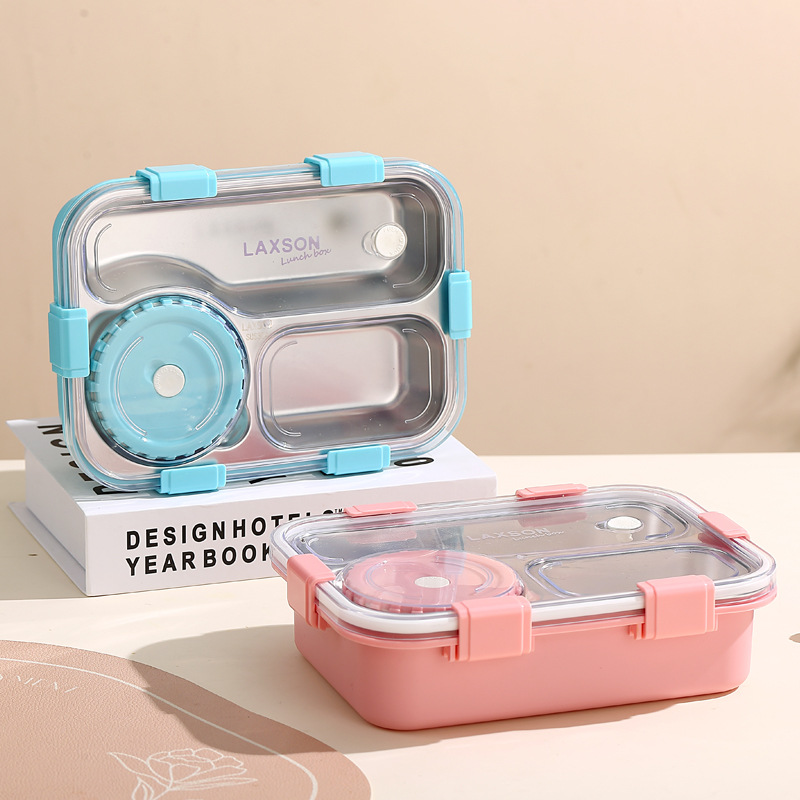 大三格镭射印简约款饭盒304不锈钢儿童小学生分格餐盘保温饭盒