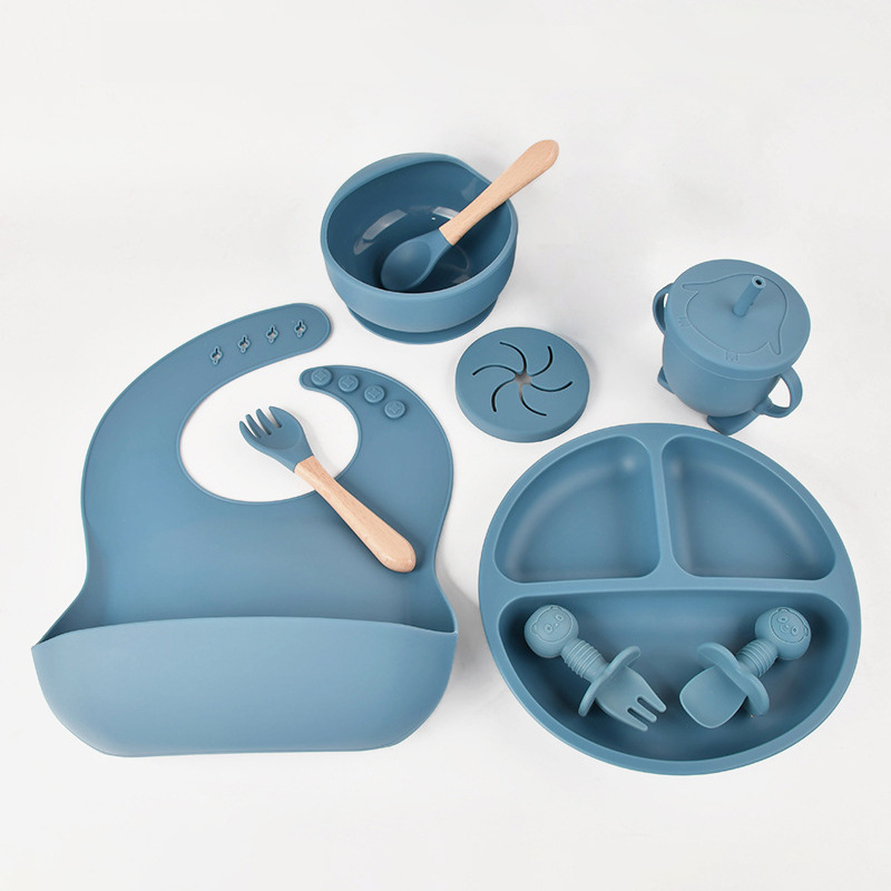 跨境食品级硅胶儿童喂养餐具套装围兜勺叉餐碗婴幼儿辅食母婴用品