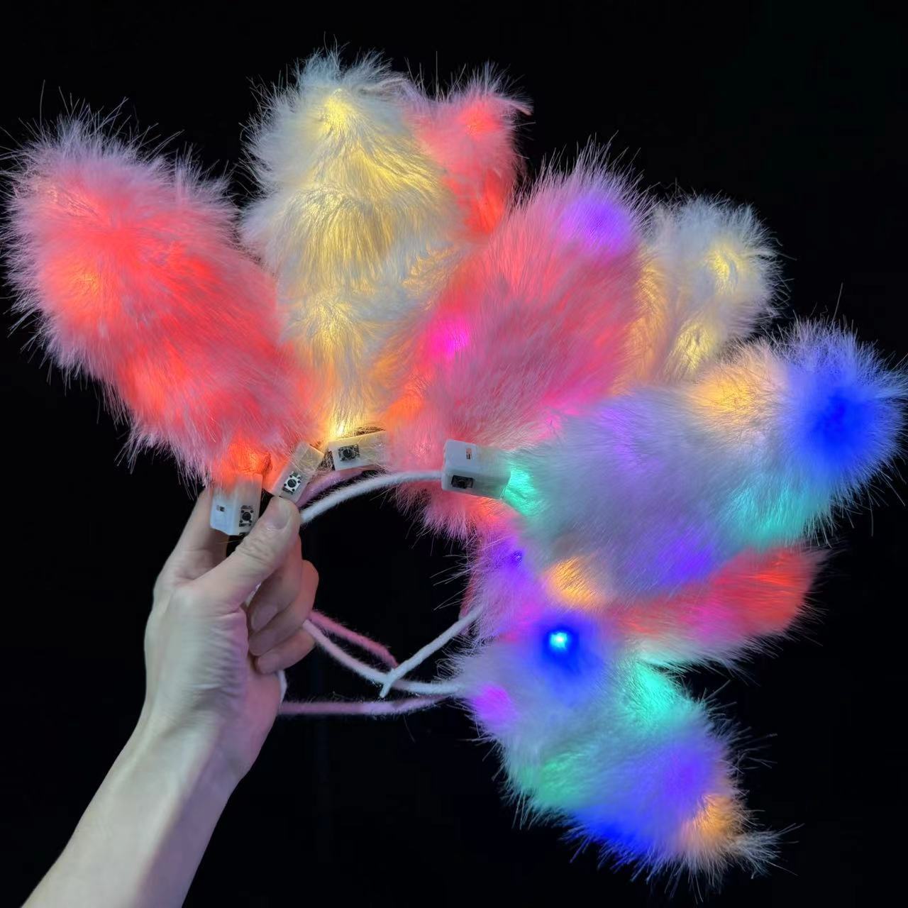 网红同款狐狸毛发光兔耳朵发箍高亮加长14灯长绒双层羽毛头箍批发