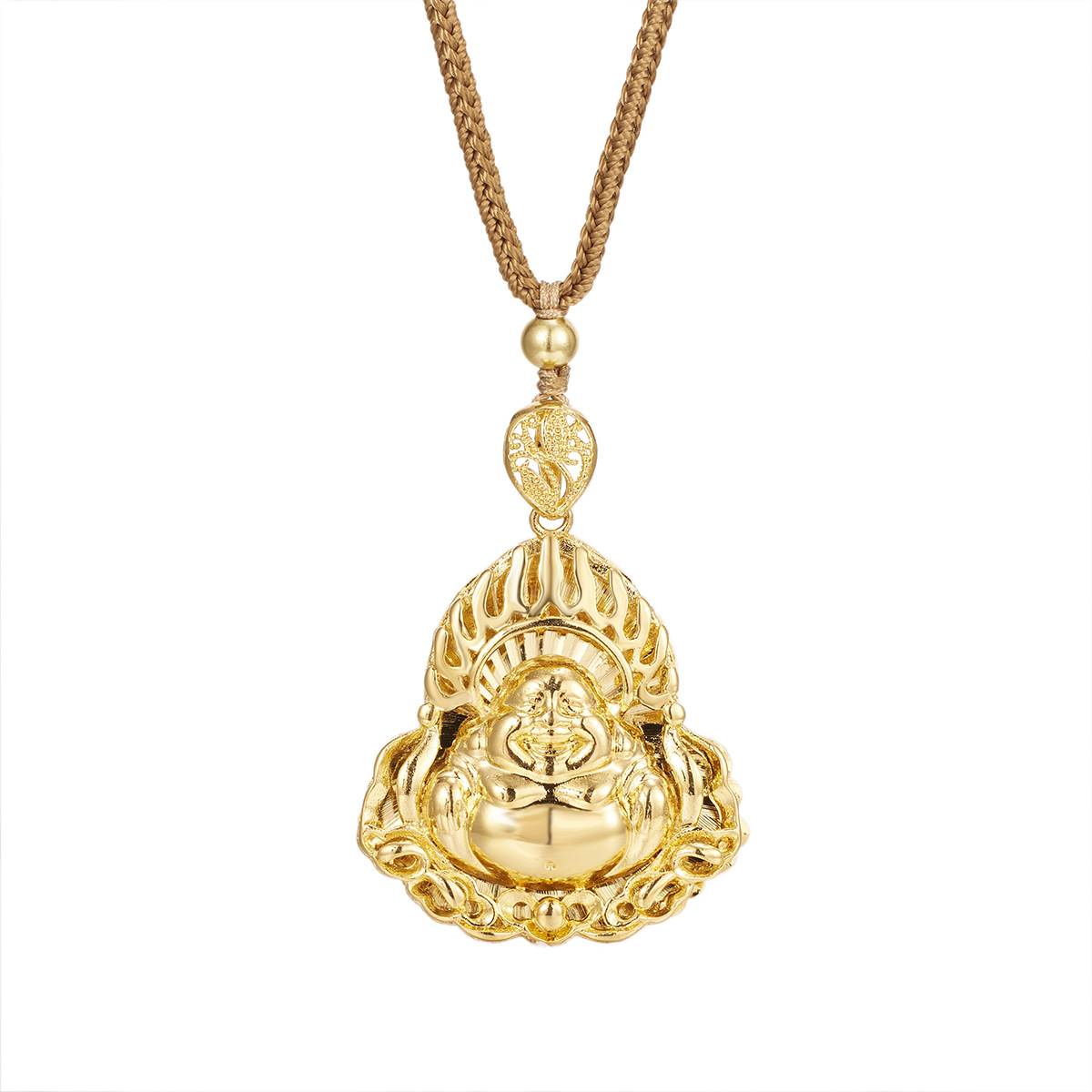Copper gold-plated Maitreya Buddha pendant, trendy men's ethnic style, hollowed-out flame Buddha pendant, sand gold pendant, hollowed-out Item Picture