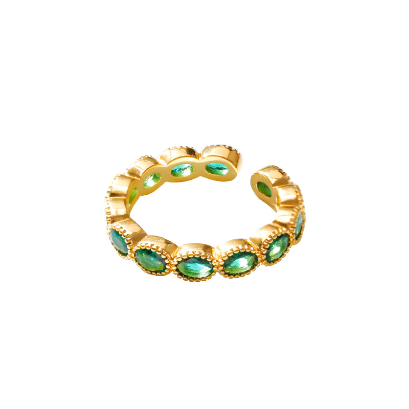 Hyacinth复古港风祖母绿开口戒指女款抖音直播爆款轻奢可调节指环铜镀金色白底实物图