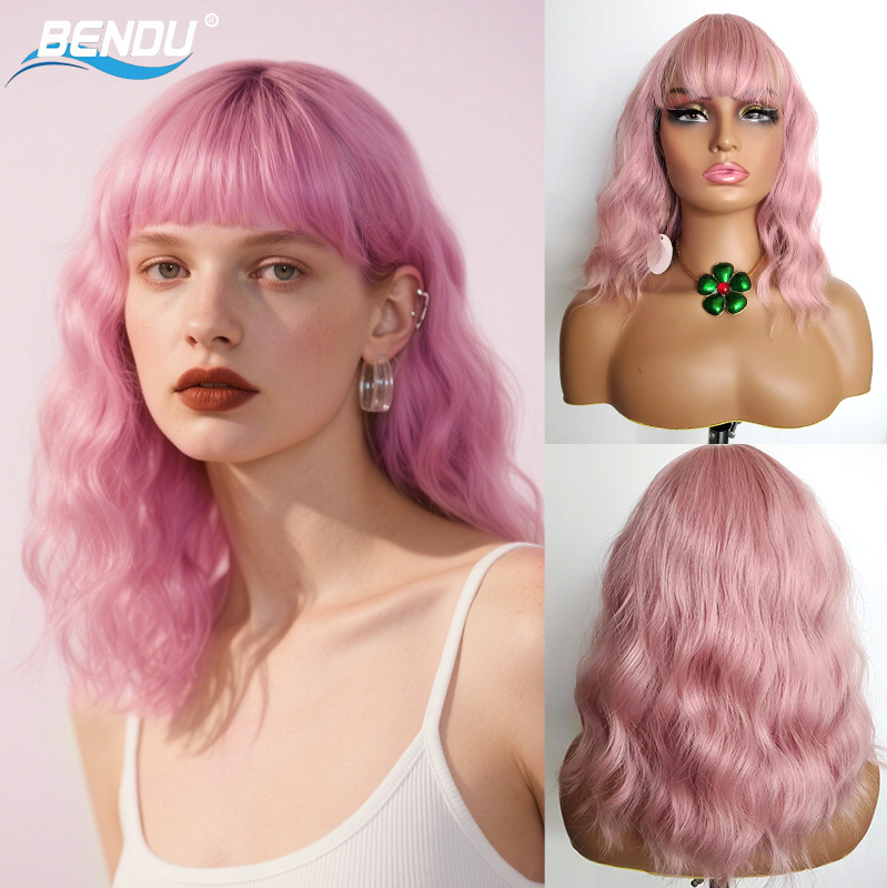 欧美外贸Wigs齐刘海头套假发女棕色粉色橙色Hair化纤短卷发耐高温