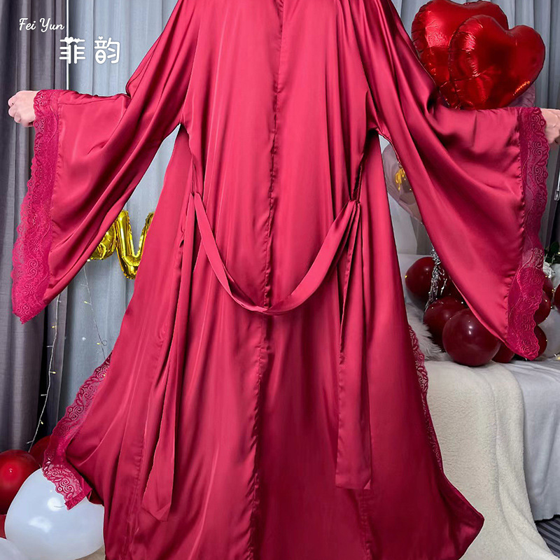 New cross-border satin long pajamas, women's lace light luxury long-sleeved cool bathrobe, bathrobe and home wear, women's 336 Specification image