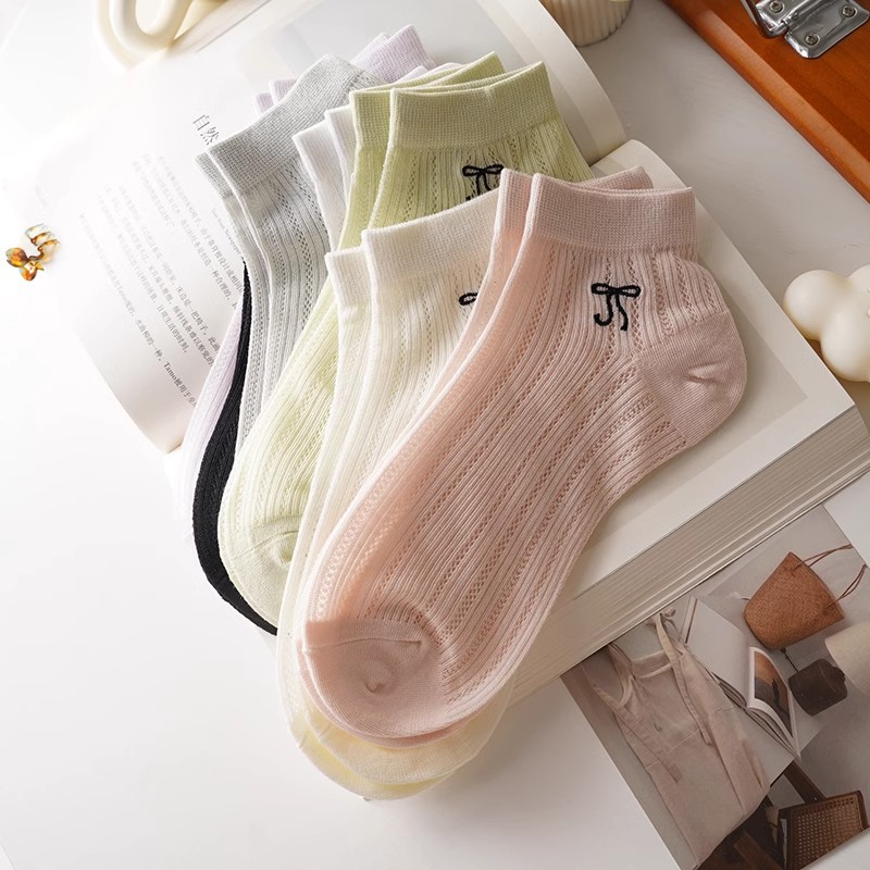 Korean-style perforated breathable short cylinder ~ins trendy women's short socks, cotton summer thin mesh strip bow