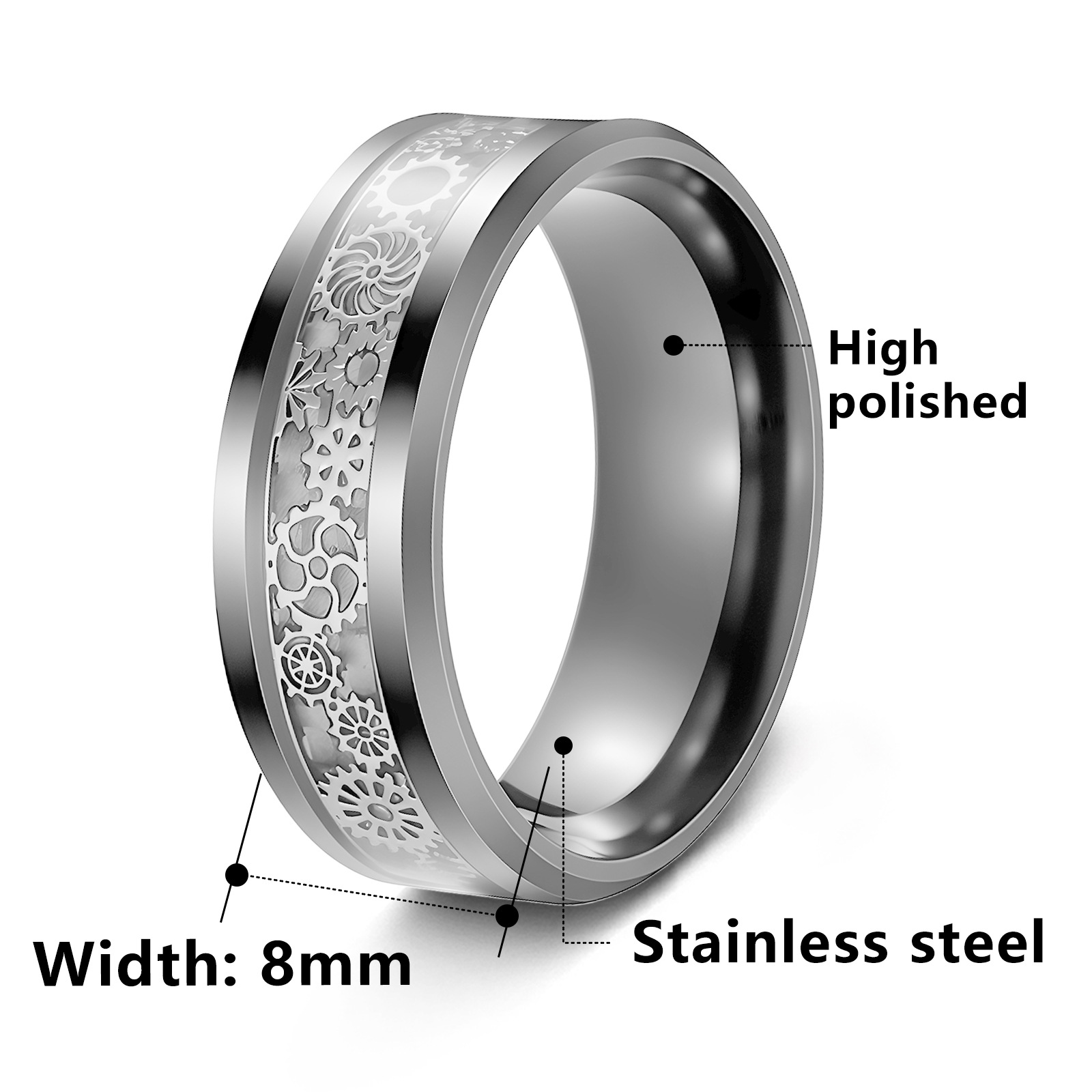 Cross-border Amazon source 8MM black-coated carbon fiber men's titanium steel gear ring steampunk style jewelry Item Picture