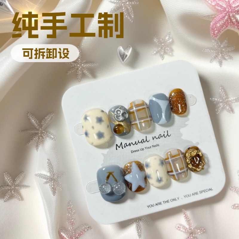 海盐芝士小饼干穿戴甲纯手工穿戴甲猫眼鸳鸯甲手绘波点爆款美甲片