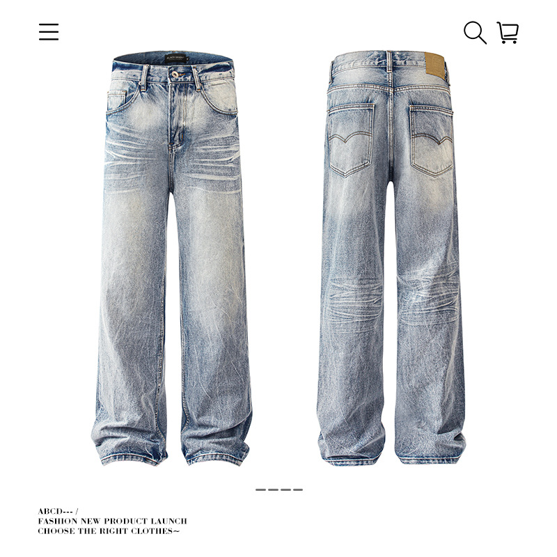 In the autumn of 2025, American-style washed distressed cat beard light blue jeans for both men and women, loose and versatile straight-leg long pants for cross-border use Application Scenario
