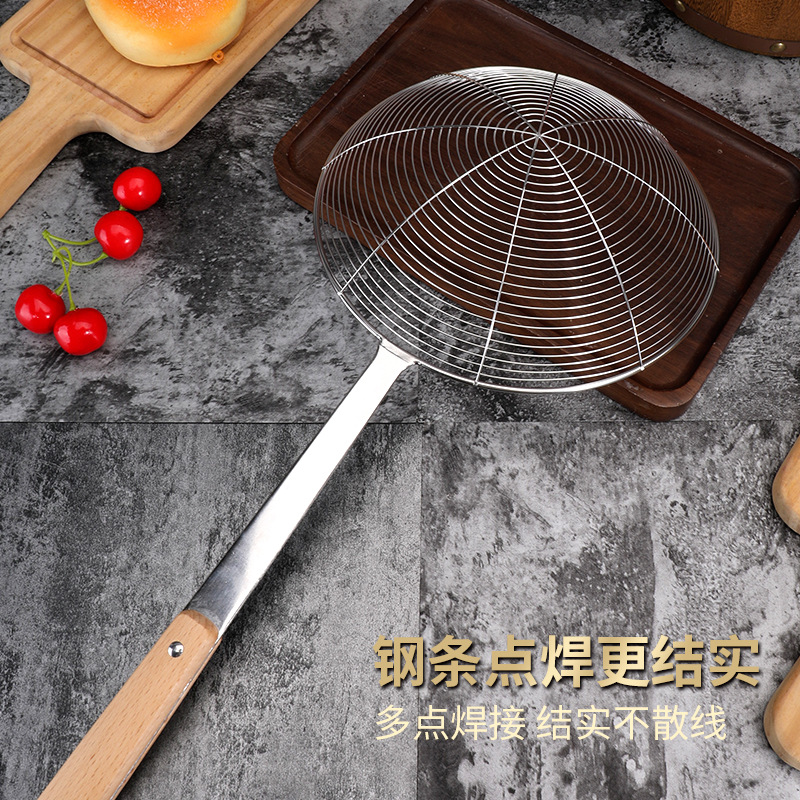 Stainless steel three-millimeter solid wood handle wire strainer reinforcement non-magnetic deep-frying strainer, household hot pot strainer, noodle scorer, draining net strainer Specification image