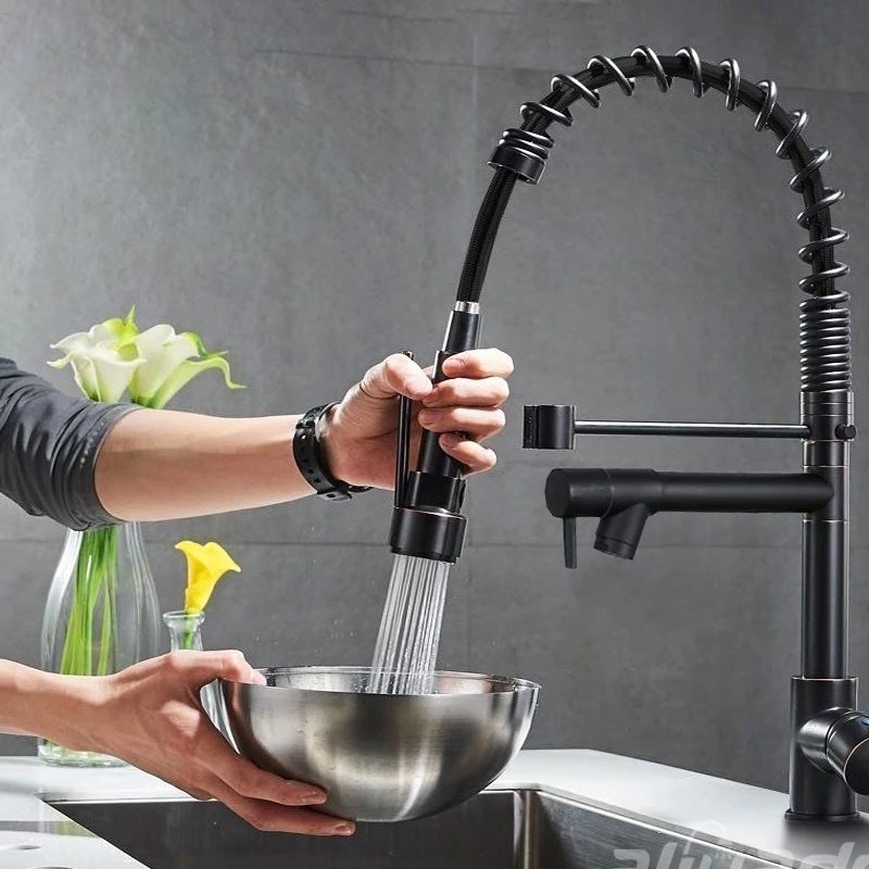 Cross-border supply of spring pull-out faucets, kitchen cold and hot multi-functional universal dual-outlet faucets for washing vegetables, sinks and faucets Application Scenario