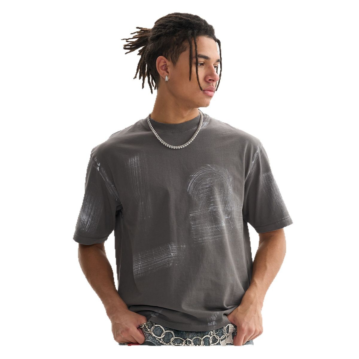 ETAI men's Wear: American retro loose, painted short-sleeved men's T-shirt, high-quality pure cotton washed trendy brand T-shirt Item Picture