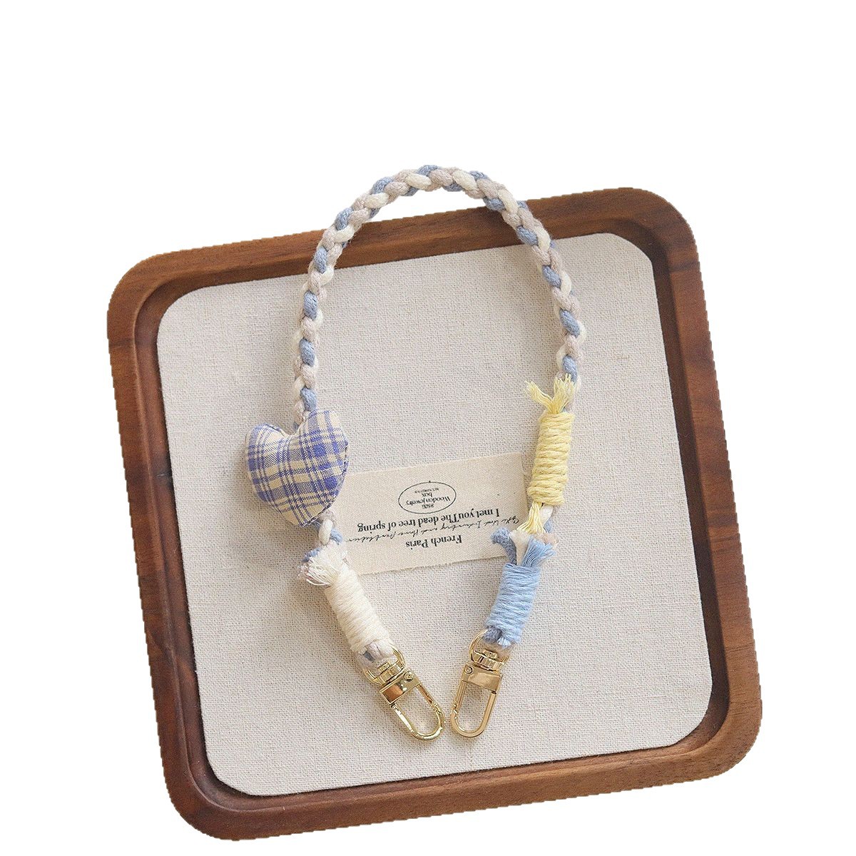 Korean-style ins checkered fabric heart-shaped hand-knitted mixed thread mobile phone lanyard, diagonal long rope shoulder strap, cross-chain twisted rope wrist Item Picture