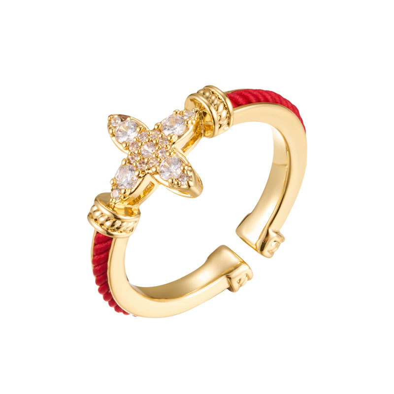 Original design: Red string starlight open ring, copper alloy, real gold electroplated with zircon, adjustable index finger ring Item Picture