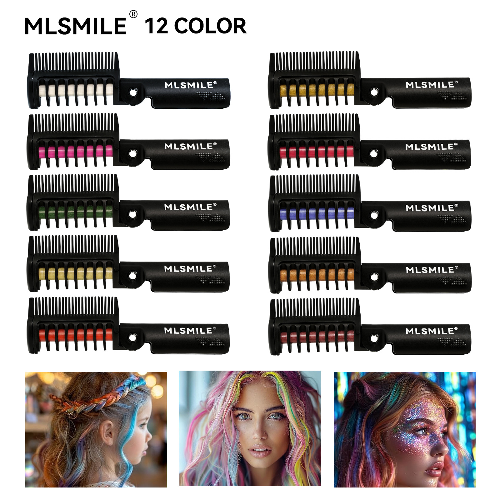Cross-Border 12-Color Foldable Hair Dye Comb, Amazon Bestseller, Dazzling Colorful Children's Hair Picking And Dyeing Stick, Hair Dye Pen