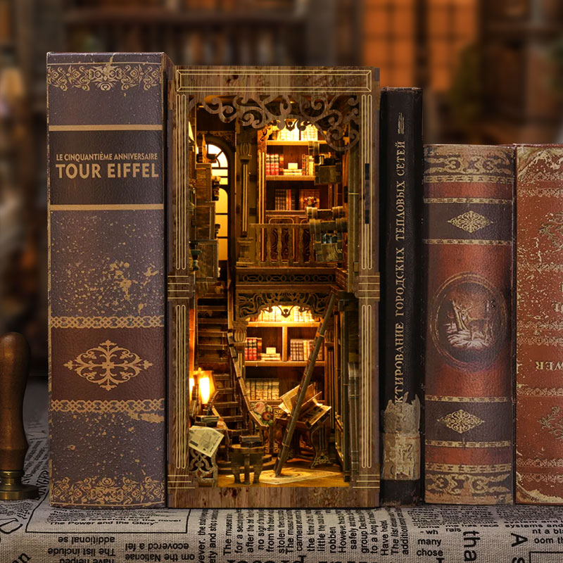 Ancient book storage room, wooden bookstand, 3D assembly diy model small room, book ornaments, handcrafted little house Specification image