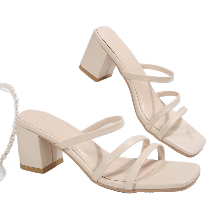 2025新款夏黑色细带凉鞋女仙女风中跟凉拖鞋女外穿粗跟一字带女鞋白底实物图