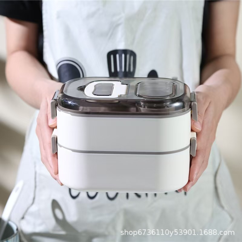 日式上班族饭盒双层便当盒不锈钢加热餐盒套装学生餐具上学微波炉