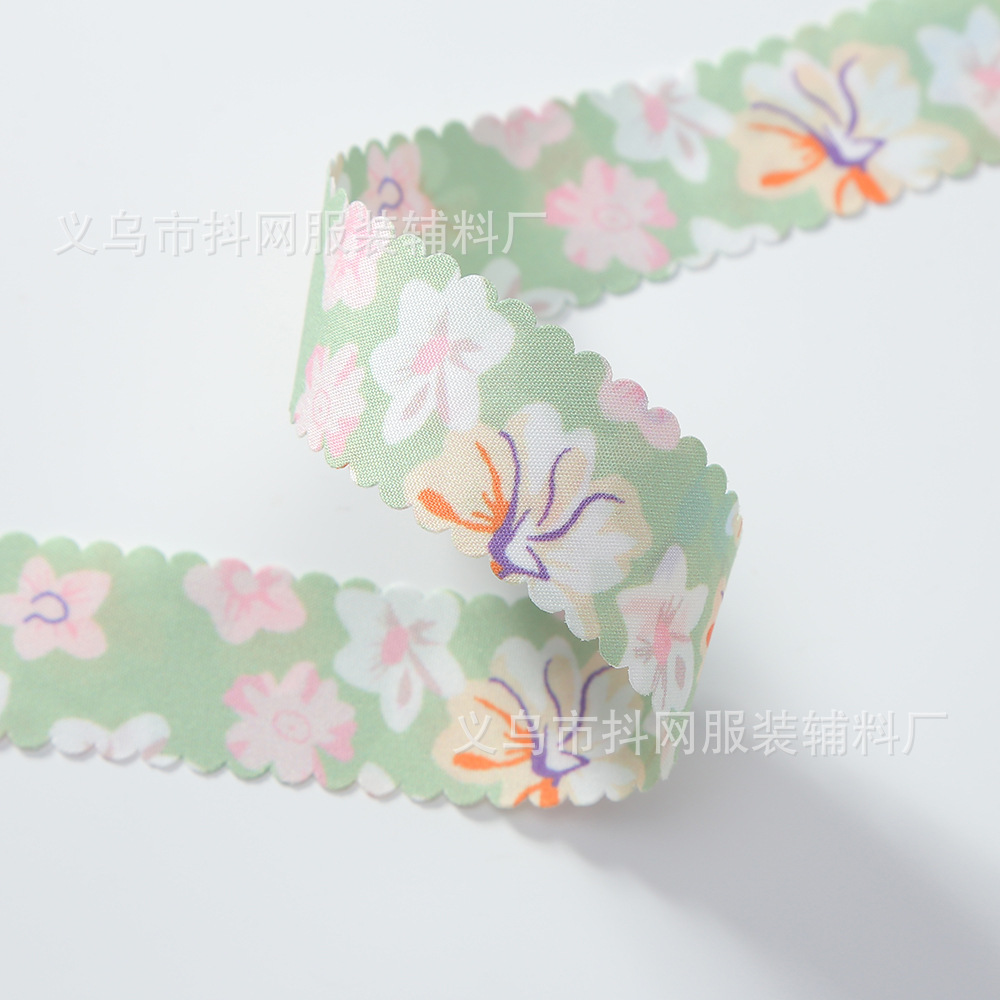 2.5cm Double-sided plum blossom toothed printed webbing bow, DIY hair accessory, headwear accessory, gift, flower decorative band details Picture