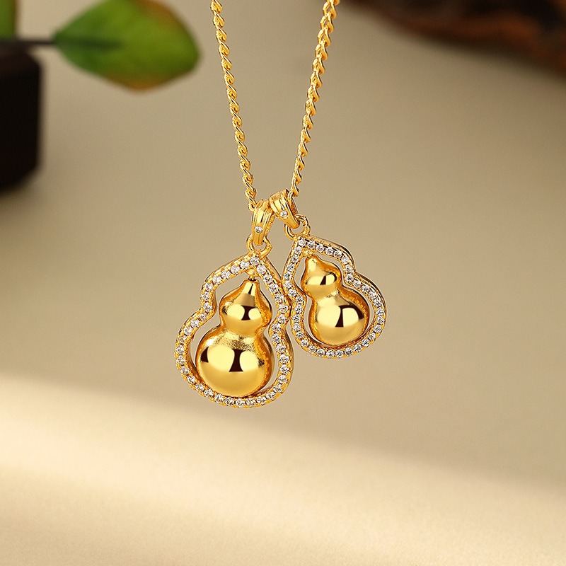 The same style of rotatable double gourds stacked pendant, traditional Chinese style sand gold sweater chain gourd pendant necklace