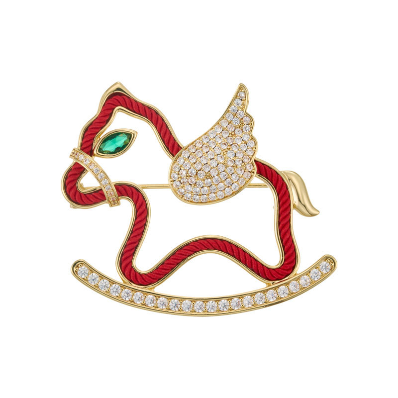 Original dual-purpose red Rope series cute horse brooch with a light luxury and high-end feel, copper alloy micro-inlaid zircon horse good luck pin Item Picture