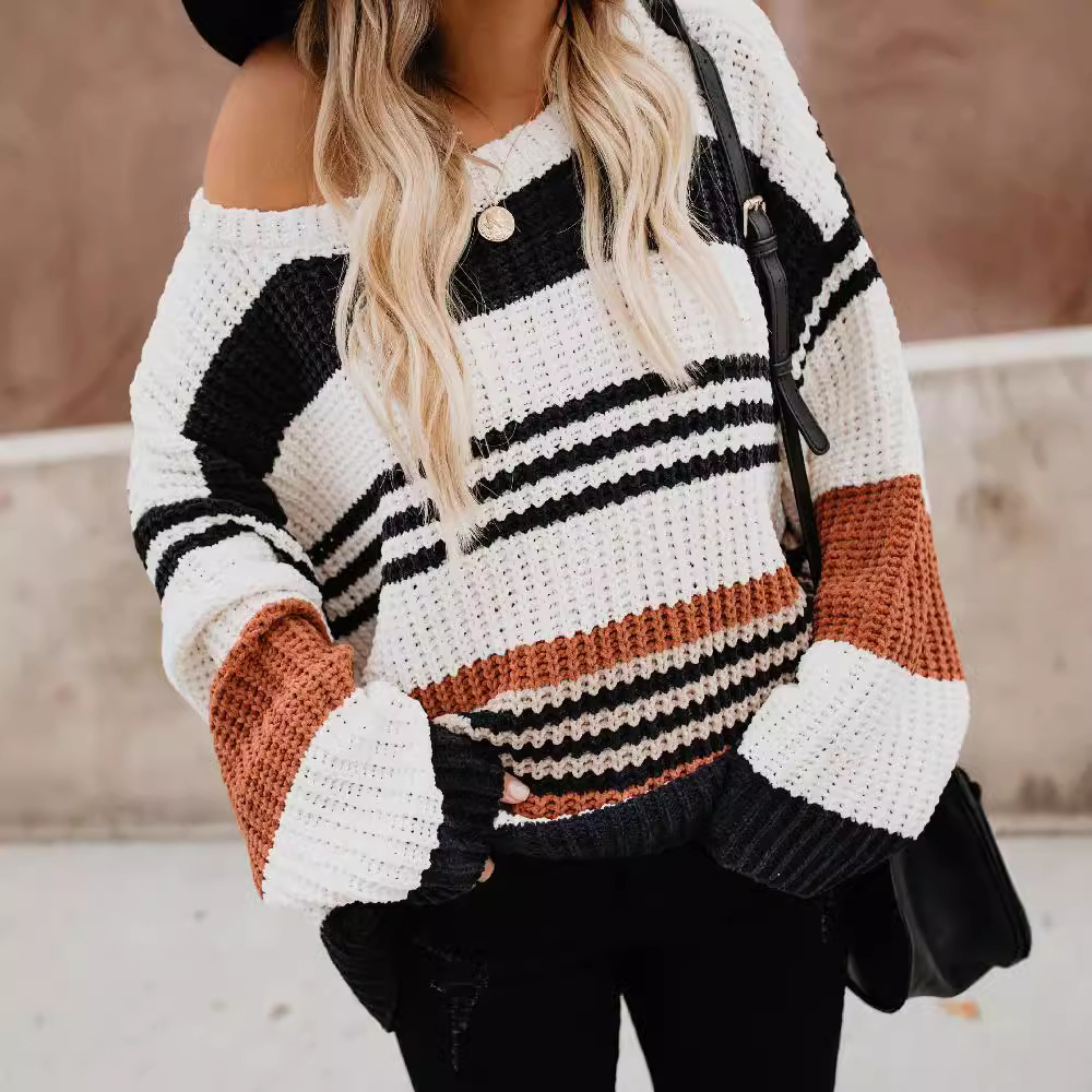 Wholesale of new Amazon women's loose pullover, thick knitted sweater and striped sweater for spring 2025 full figure