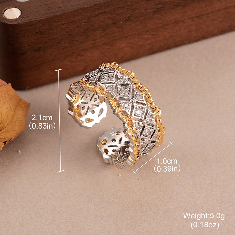 Fashionable zircon rhombic ring for women, retro geometric style, hollowed-out gold and silver color contrast, high-end light luxury open ring jewelry Application Scenario