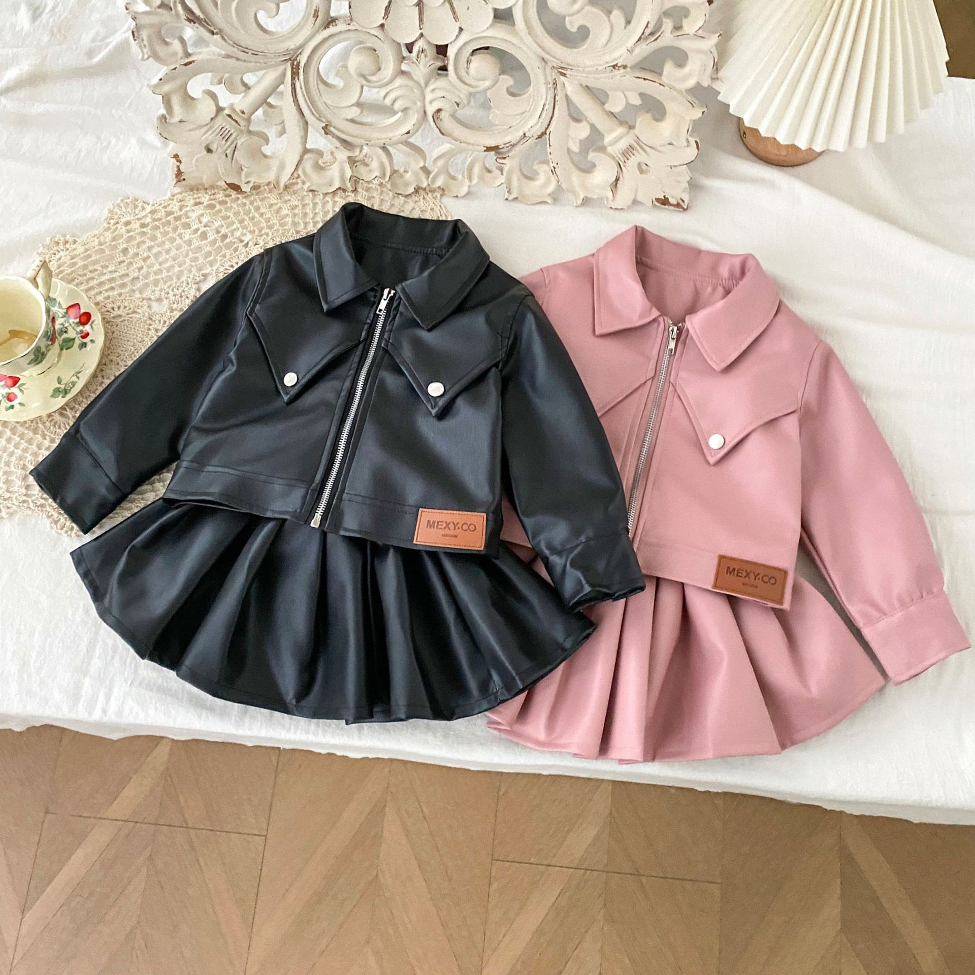 女童秋季pu皮套装小女孩韩版时髦机车服儿童皮衣外套百褶裙两件套