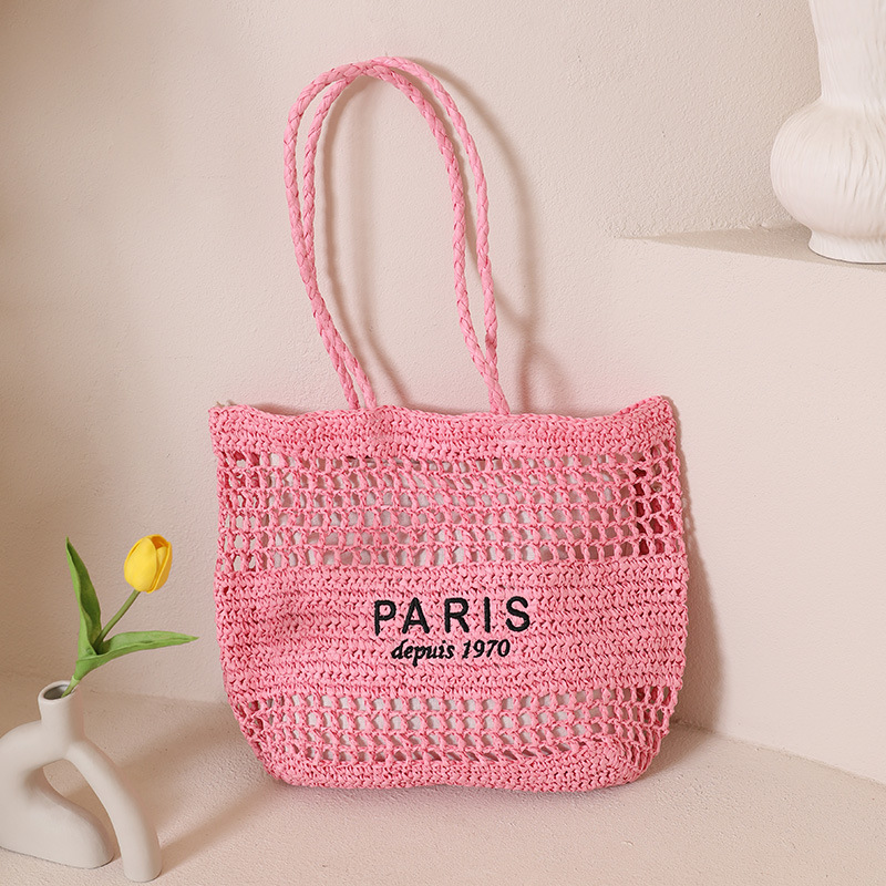 Factory direct sales of single-shoulder tote straw woven bags, new niche letter-hollowed-out woven bags, women's beach vacation bags details Picture