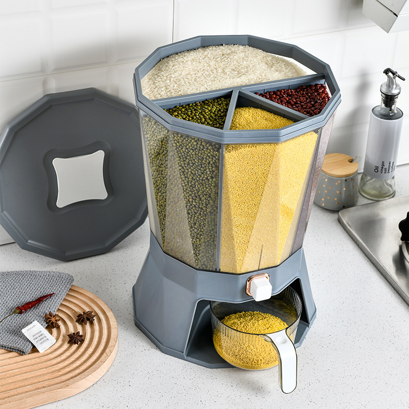 Kitchen classified rotating rice bucket, grain and cereal compartments, press-sealed jar, household moisture-proof and insect-proof plastic rice storage bucket Specification image
