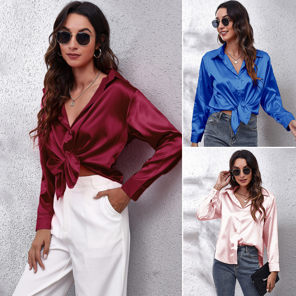 A new style of women's clothing for cross-border trade in Europe and America, featuring a hot-selling color satin shirt and a satin silk-like long-sleeved shirt details Picture