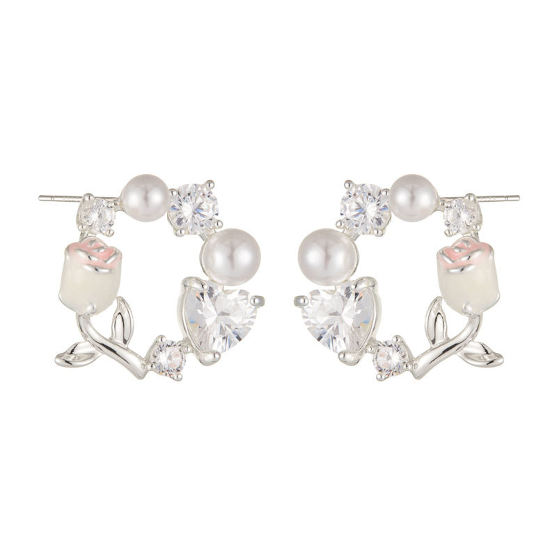 Mori atado suave viento esmaltado rosa floral guirnalda pendientes aleación de cobre con circonitas agujas de plata s925 premium sentido orejeras para mujeres Item Picture